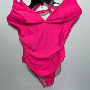 Love Life Pink V-Neck Crisscross Cut Out Back One Piece Swimsuit Large NWT